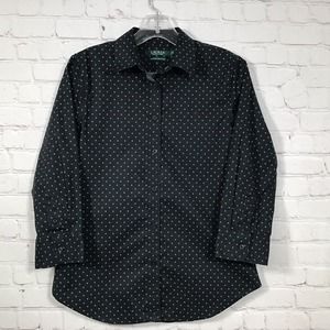 Lauren Ralph Lauren Stretch No Iron Button Up Blouse S Black Green Polka Dots